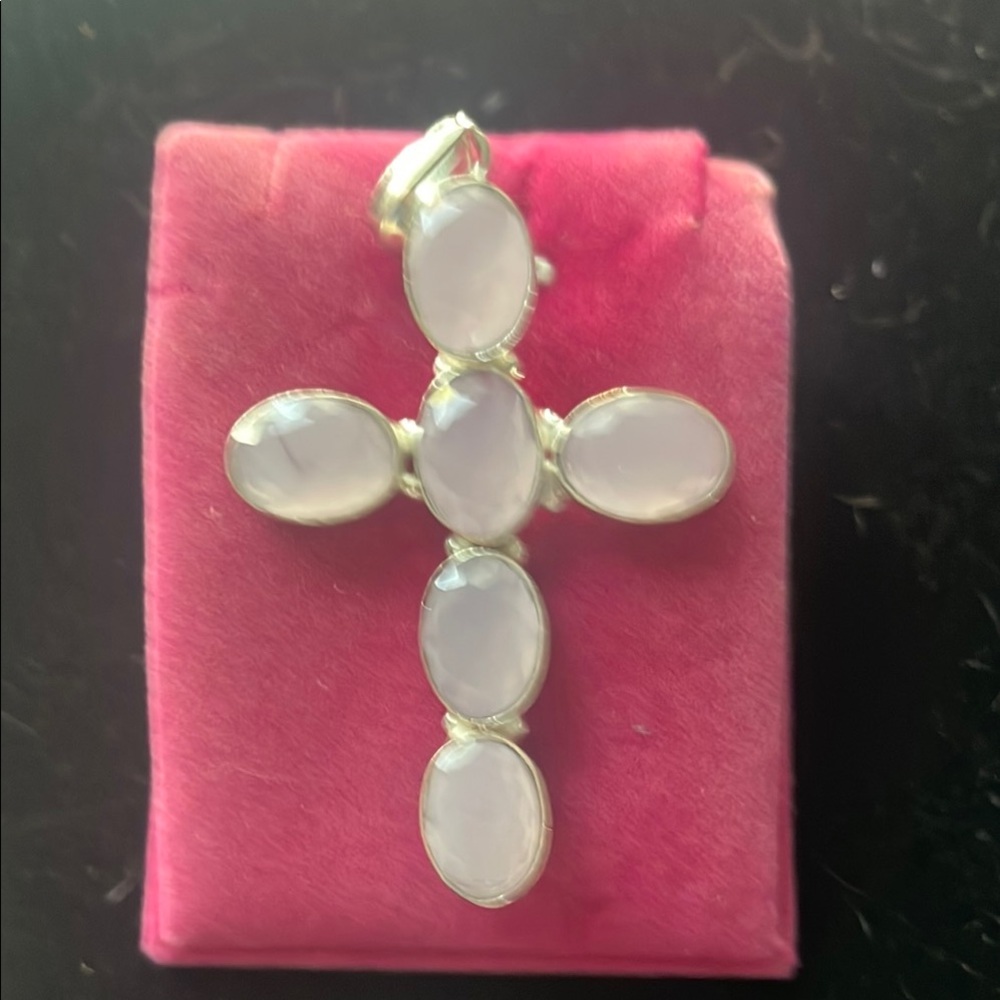Handmade heavy 925 SS large bold Cross genuine Pink Rose healing stone